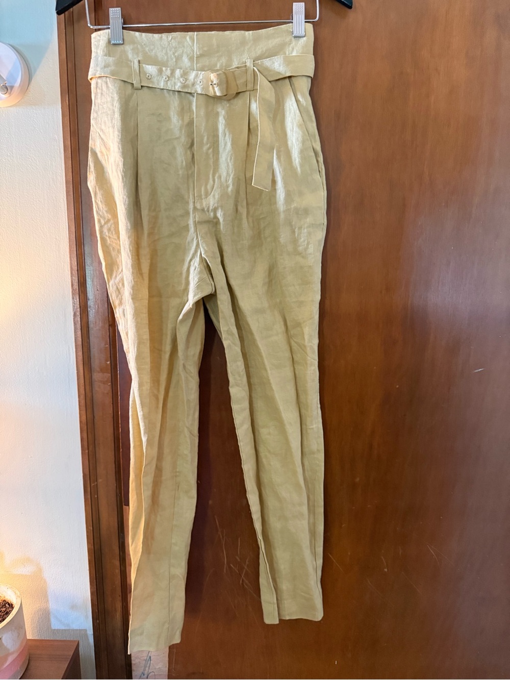 MNG High-Rise Belted Chinos in Light Tan